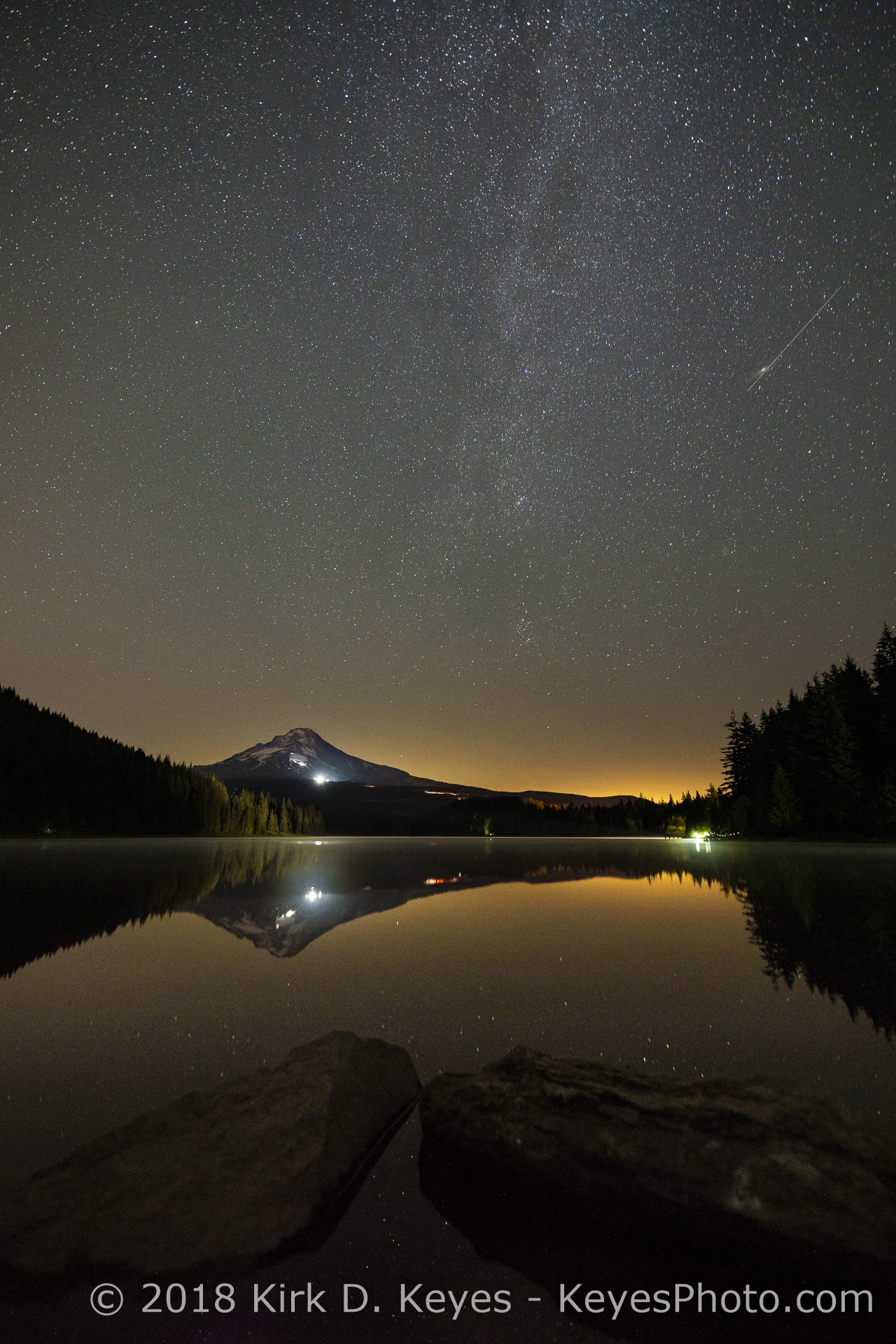 Perseid Meteor passing in front of the Andromeda Galaxy along side the Milky Way Galaxy, Mt. Hood at Trillium Lake, OR - Astro-Landscape September 2018 - keyesphoto.com