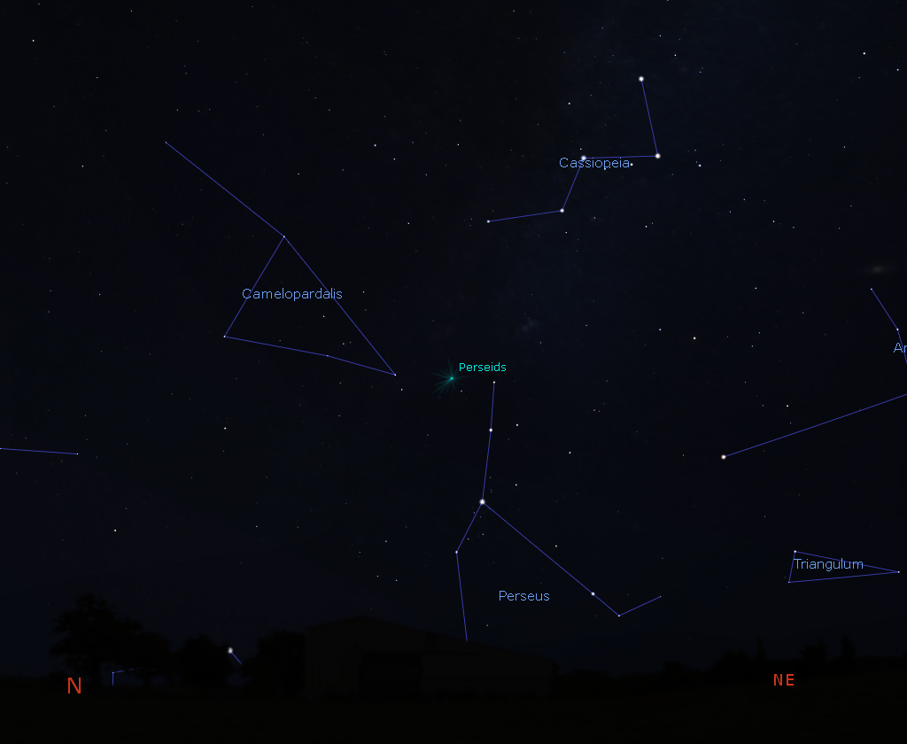 The Perseid Meteor shower appears to radiate near the constellation Perseus. You can find the radiant by locating the five stars in Cassiopeia, in the Northeast, shortly after nightfall in August. Image courtesy Stellarium.org Copyright Kirk D. Keyes 2021.