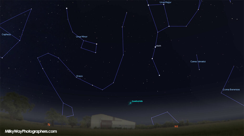 The Quadrantid Meteor Radiant is located near the end of the Big Dipper (Ursa Major's tail). Graphics Courtesy Stellarium Developers, Copyright 2022 Kirk D. Keyes